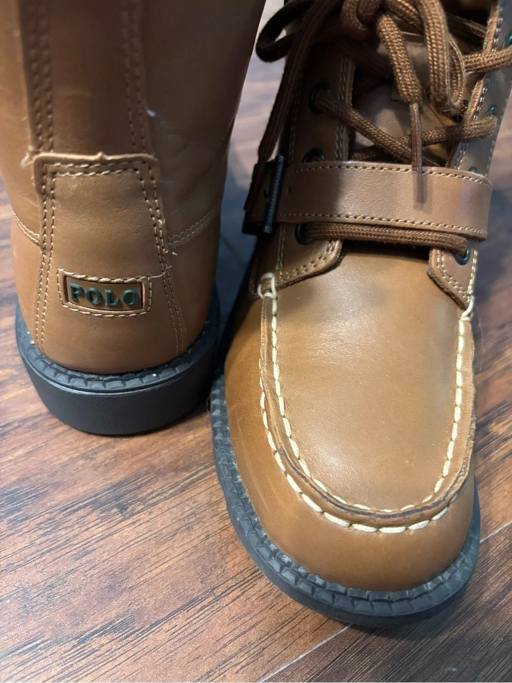 Ralph Lauren Tan Leather Kids Lace-Up & Strap Boots with Teal Lining